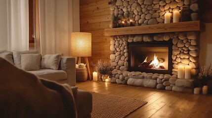 Cozy living room with stone fireplace, burning fire, candles, and soft lighting.