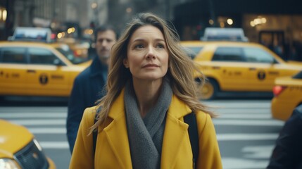 Woman in yellow coat looks up on a city street.