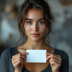 Yound woman with white empty busines card for your content