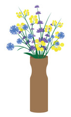 Bouquet of different spring and summer flowers in vase. isolated vector illustration on white. Modern art for poster, postcard, banner, card and etc. Vector clip art. Women's Day, Mother's Day.