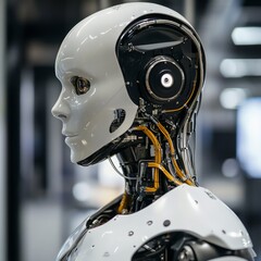 Fototapeta premium Close-up profile of a humanoid robot's head and neck, showcasing intricate mechanical details.