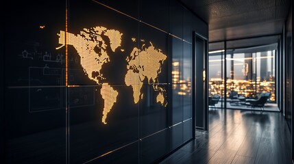 Global Connectivity: A Modern Office with World Map Display