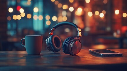 Headphones, coffee mug, and phone on a wooden table in a cafe at night.