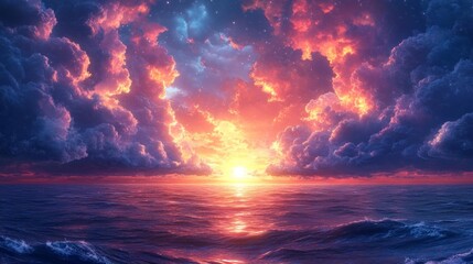 Fototapeta premium Majestic Fantasy Sky with Dramatic Clouds over Ocean. Generative AI