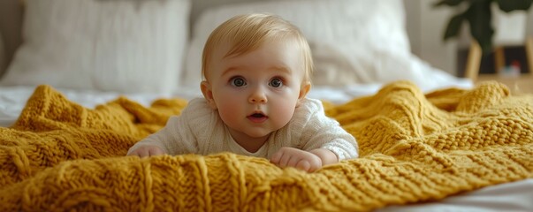 Caucasian blonde baby eight months old lying on cozy bed with yellow knitted blanket at home. Kid wearing white clothing