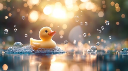 Yellow rubber ducky in bubbly water at sunset.