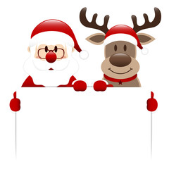 Weihnachtsmann Und Rentier Halten Schild Dunkelrot