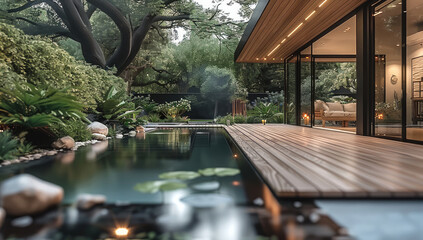 Obraz premium A serene backyard with a natural pool, wooden deck.