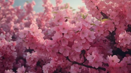 Blooming Cherry Blossom Trees in Soft Focus, Vibrant Pink Flowers Under Clear Sky on a Sunny Day, Nature's Beauty in Spring Season, Captivating Floral Background