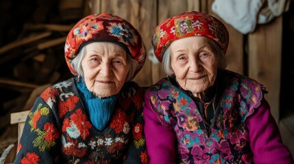 Fototapeta premium Serene Serbian Twins in Traditional Balkan Attire with Folk Motifs Against Rustic Backdrop