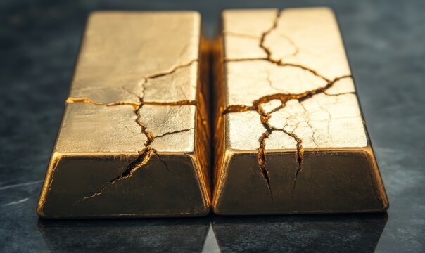 Close up of gold bars with crack, symbolizing wealth and value