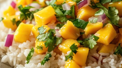 Close-up of rice with vibrant mango salsa. Featuring mango, red onion, cilantro, and lime mixed together and served over rice. Emphasizing a fresh, tropical dish. Ideal for salsa recipes.