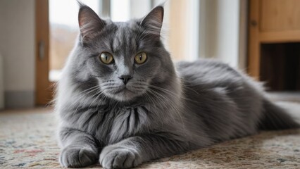 Blue british longhair cat laying on the floor indoor