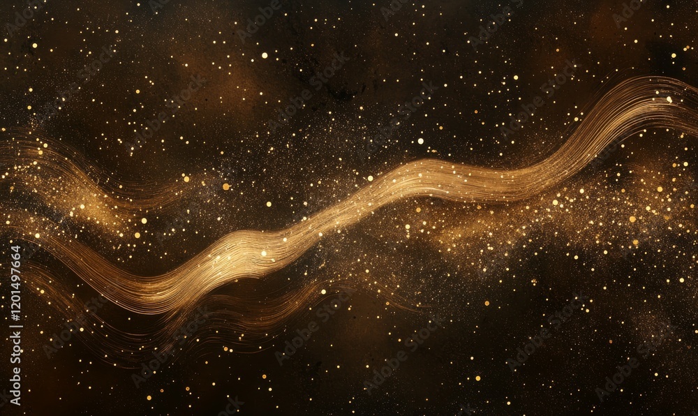 Poster dark brown background, digital signature with particles, sparkling waves, curtains and areas with de