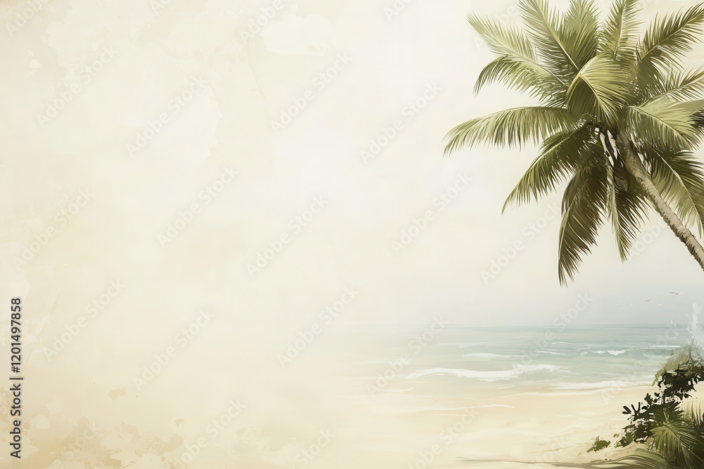 Poster serene tropical beach background with gentle waves and lush palm trees, perfect for adding your uniq