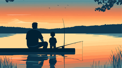 Fototapeta premium Dad Raising Fisherman Flat Vector Illustration for Fatherhood Concept