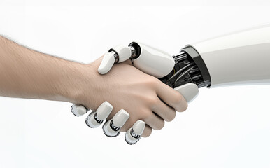 AI robot and human shaking hands. A handshake between a white robotic cyborg hand and a human hand, isolated on a white background.