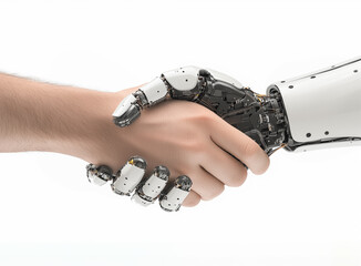 AI robot and human shaking hands. A handshake between a white robotic cyborg hand and a human hand, isolated on a white background.