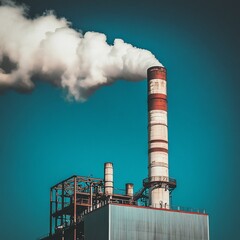 Industrial smoke stack emitting white smoke against a teal sky.