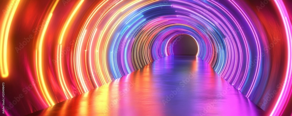 Poster futuristic neon tunnel with abstract light patterns in vibrant colors.