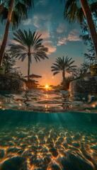 Fototapeta premium Underwater serenity infinity pool at sunset with palm trees and parasols reflecting soft light