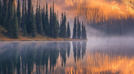 Obraz premium Morning Sunrise Over a Calm Forest Lake