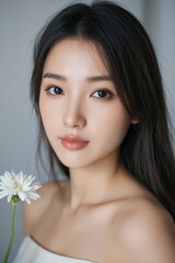 Fototapeta premium Portrait of a Asian Woman Holding a White Flower