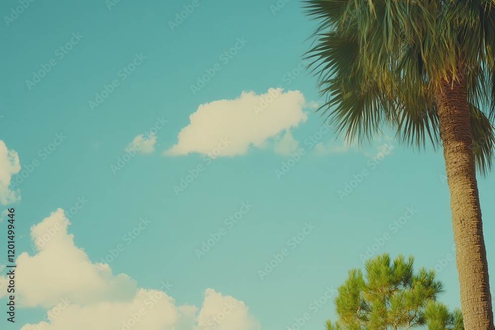 Poster bright and clear sky background featuring tropical palm tree with soft clouds and azure colors ideal