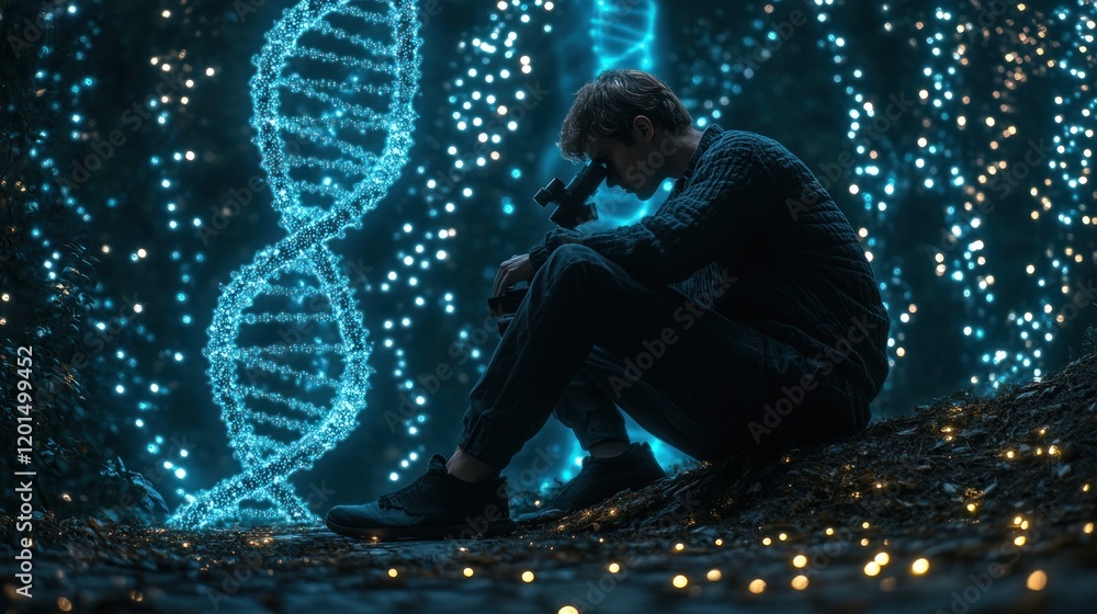 Poster young scientist examining dna structure using a microscope in a dark, mystical setting.