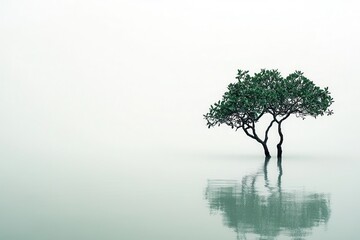 Serene Scene of a Lone Tree Standing in Calm Water with Reflective Surface, Ideal for Tranquil Background and Copy Space in Nature Photography