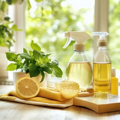 Natural cleaning products with lemons and mint near window.