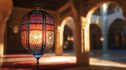 Ornate hanging lantern illuminates a mosque interior.