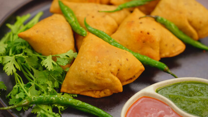 Indian Food – Samosa is a famous Indian cuisine snack, a crispy pastry filled with spiced potatoes and peas. A must-try street snack found at restaurants and food stalls in India.