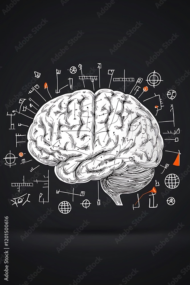 Poster a brain made of math symbols representing understanding and knowledge