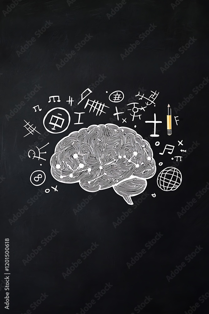 Poster a brain made of math symbols representing understanding and knowledge