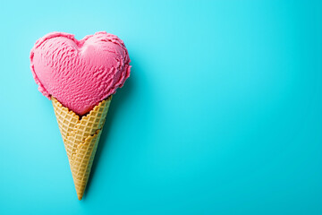 Heart shaped ice cream in a waffle cone, valentines day concept, copyspace