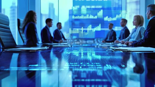 Business executives in modern boardroom analyzing financial data visualization and market trends displayed on interactive screen. Corporate team reviewing performance charts during strategic meeting
