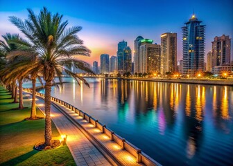 Naklejka premium Sharjah Corniche Night Photography: Illuminated Skyline, Cityscape, Beach, UAE
