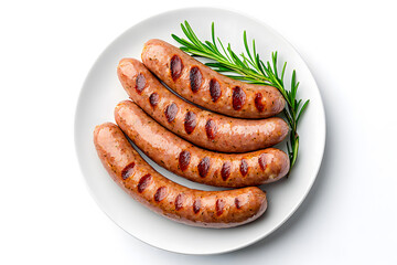 Boiled, grilled sausages isolated on white background, top view