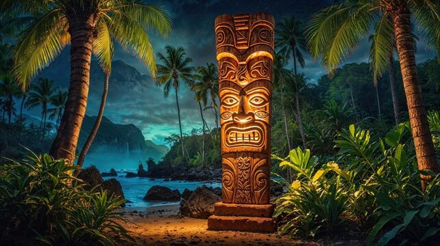 A glowing carved tiki totem stands amidst lush tropical foliage, illuminated under a vibrant moonlit sky, embodying the mysticism and beauty of Polynesian culture in a serene island setting