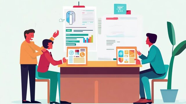 Business people analyzing charts and reports on white background