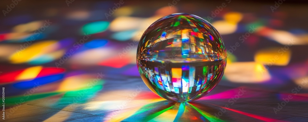 Poster vibrant prism sphere reflecting multicolored light patterns.