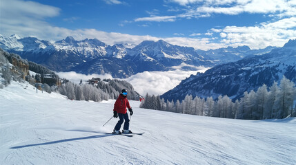 A snowboarder gliding down a slope in the snowy mountains, Ai generated images.