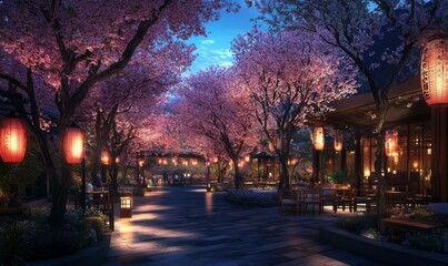 Cherry blossoms and traditional lanterns create a picturesque scene, blending cultural heritage with festive ambiance and an aura of serene elegance at twilight.