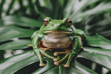 Curious Green Tree Frog Perched Peacefully on a Vibrant Green Leaf in Lush Tropical Oasis.