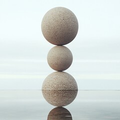 Three balanced stones reflected in calm water.