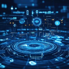 Futuristic digital interface with data visualization and network connections.