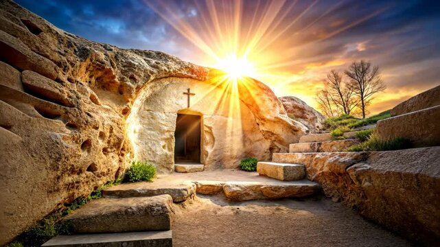 Empty tomb of Jesus Christ illuminated by rays of setting sun, Easter concept,  Resurrection of Jesus Christ, Symbol of Faith, Christian Celebration of Life and Hope