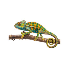 Veiled Chameleon on Branch: A vibrant veiled chameleon, displaying its striking green, yellow, and orange scales, clings to a branch with its prehensile tail curled around it.
