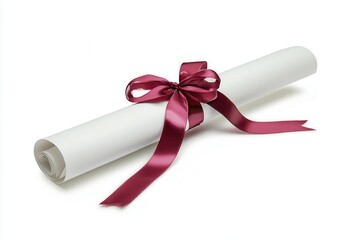Elegant Rolled Diploma with a Burgundy Ribbon, Symbolizing Academic Achievement and Graduation Celebration, Isolated on White Background for Stock Photography Usage